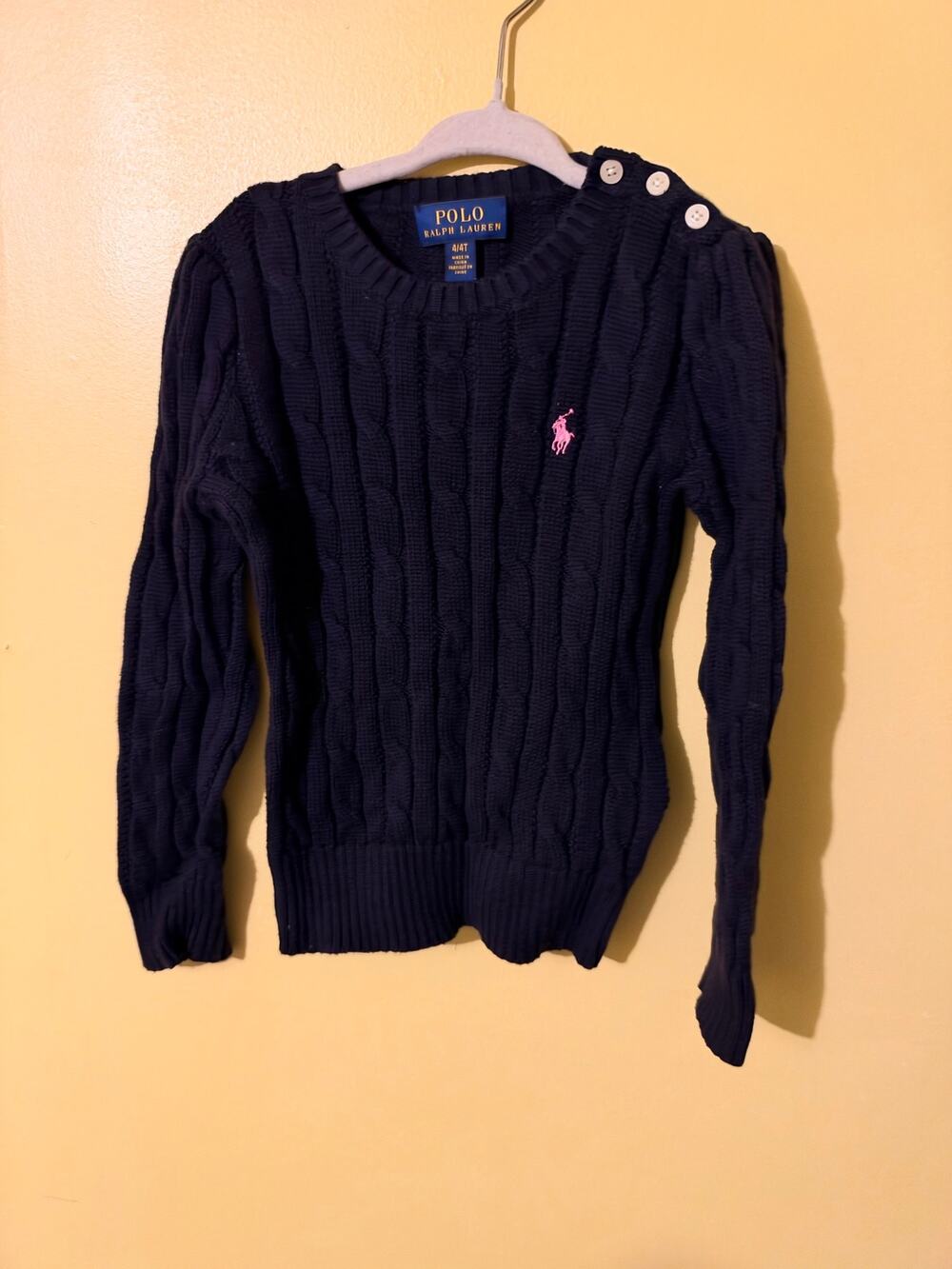 Polo Ralph Lauren Girls Navy Blue Cable Knit Shoulder Button Sweater